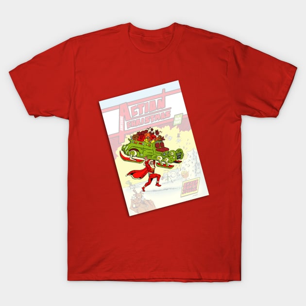 Super Santa Action Christmas Comic T-Shirt by Jokertoons